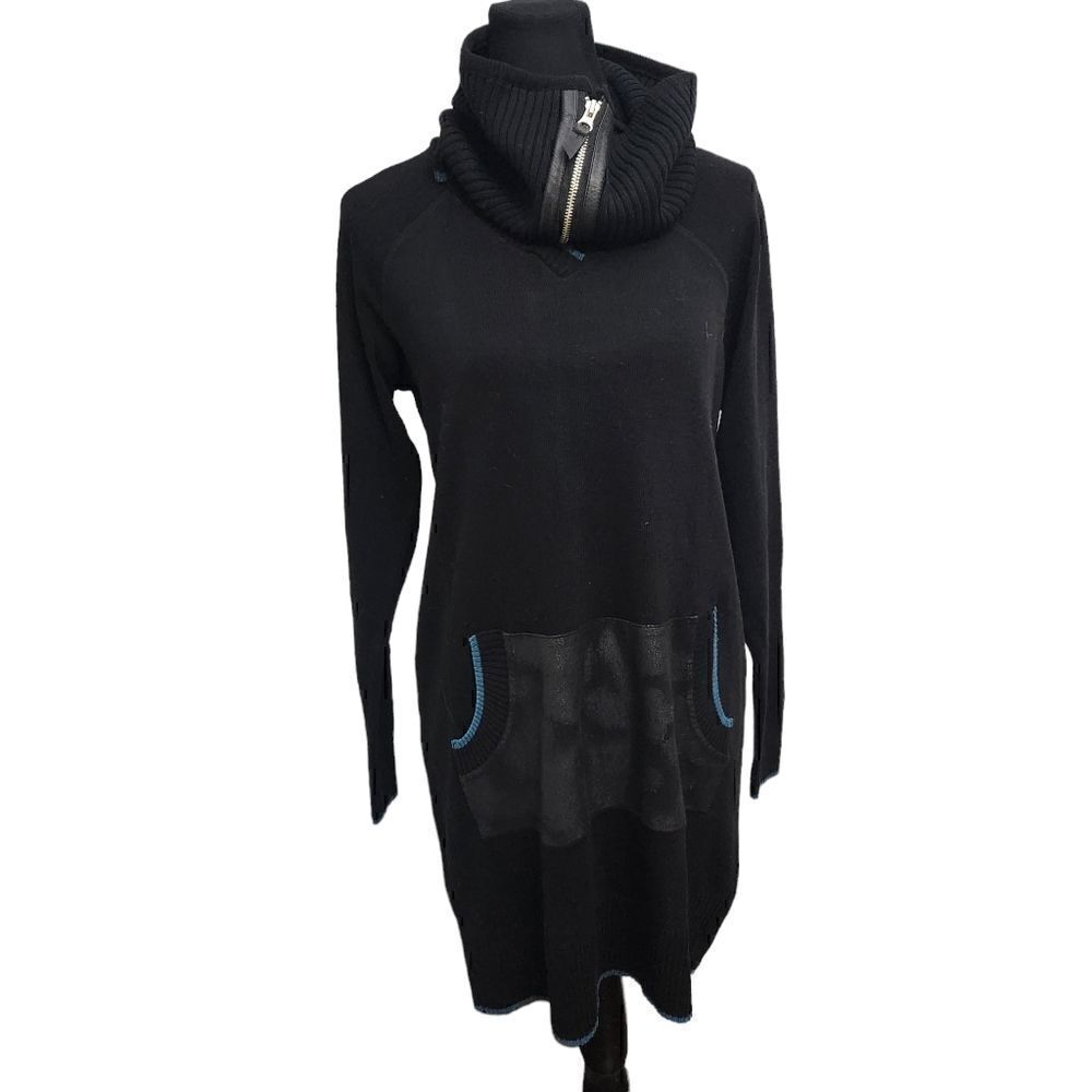 Dino Gaspari Black Ribbed Knit Dress with Collar Medium Faux Leather Pocket